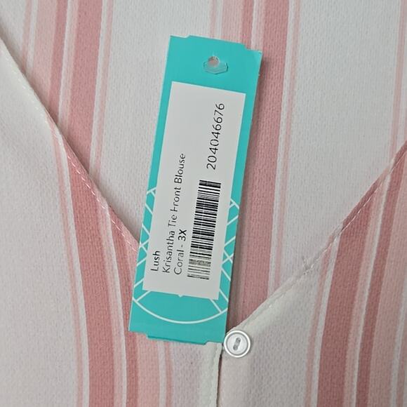 LUSH Krisantha Tie-Front Button Batwing Blouse Coral White Stripe Plus 3X New - Picture 4 of 6